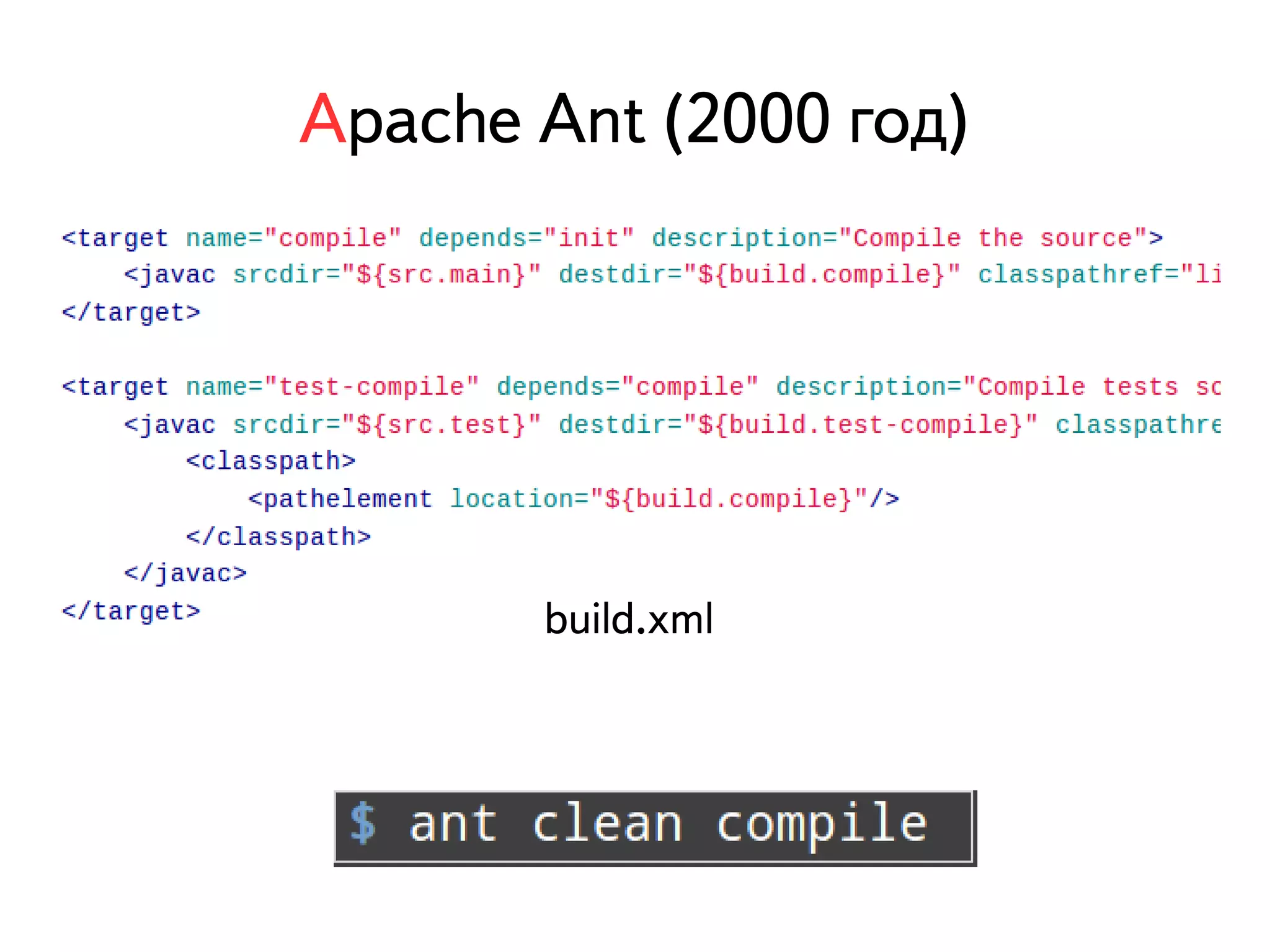 Apache Ant (2000 год) 
build.xml 
 