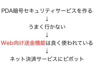 PDA暗号セキュリティサービスを作る 
↓ 
うまく行かない 
↓ 
Web向け送金機能は良く使われている 
↓ 
ネット決済サービスにピボット 
 