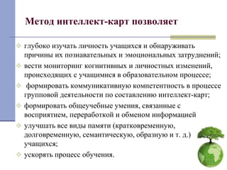 Метод интеллект-карт позволяет 
 глубоко изучать личность учащихся и обнаруживать 
причины их познавательных и эмоциональных затруднений; 
 вести мониторинг когнитивных и личностных изменений, 
происходящих с учащимися в образовательном процессе; 
 формировать коммуникативную компетентность в процессе 
групповой деятельности по составлению интеллект-карт; 
 формировать общеучебные умения, связанные с 
восприятием, переработкой и обменом информацией 
 улучшать все виды памяти (кратковременную, 
долговременную, семантическую, образную и т. д.) 
учащихся; 
 ускорять процесс обучения. 
 
