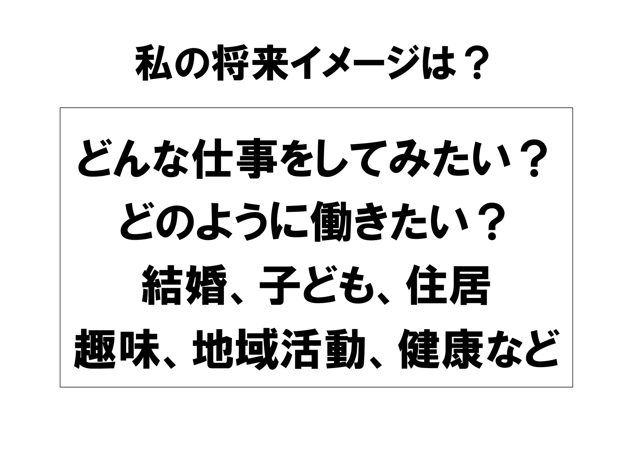 私の将来イメージは？ 
どんな仕事をしてみたい？ 
どのように働きたい？ 
結婚、子ども、住居 
趣味、地域活動、健康など 
 