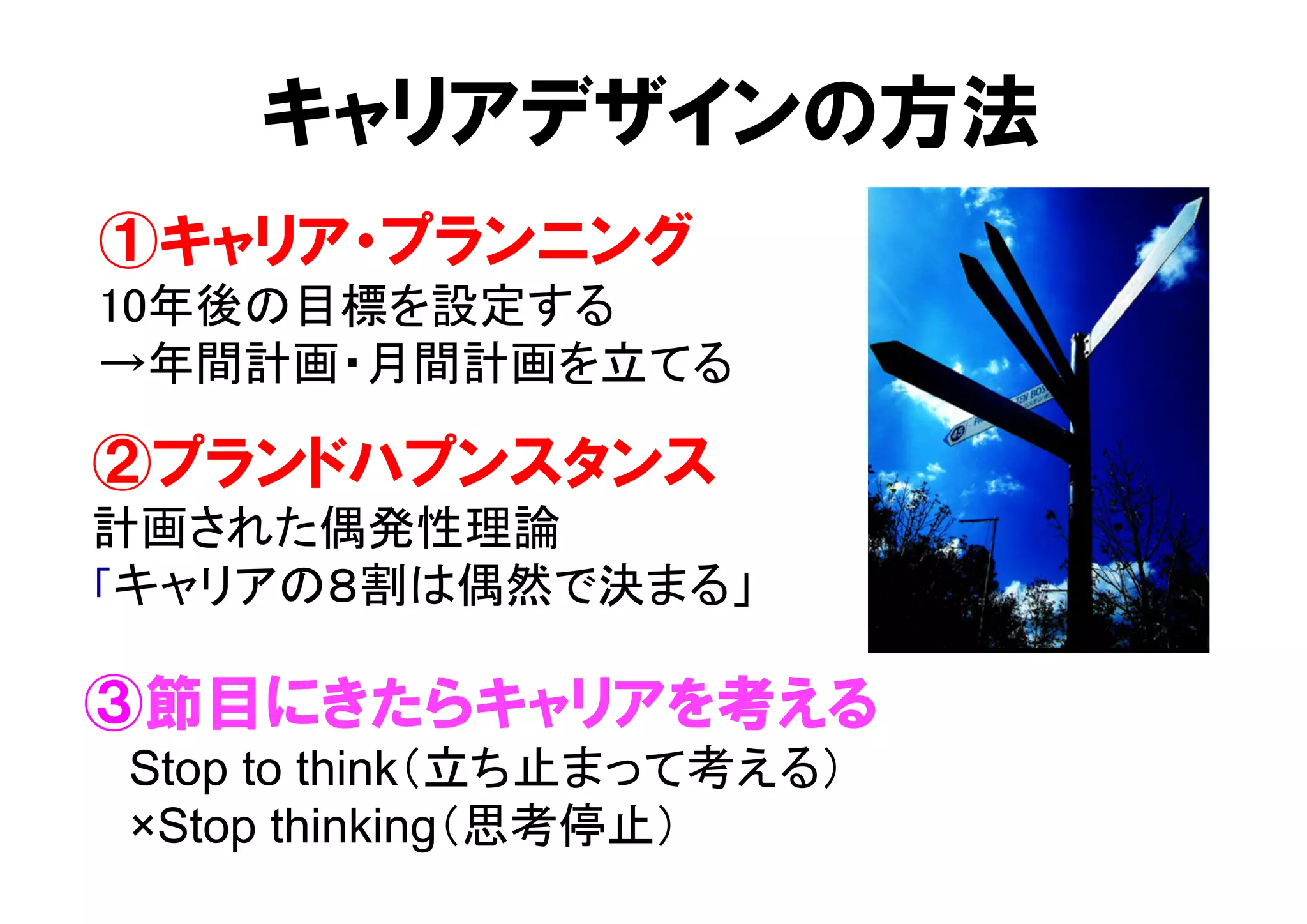 キャリアデザインの方法 
①キャリア・プランニング 
10年後の目標を設定する 
→年間計画・月間計画を立てる 
②プランドハプンスタンス 
計画された偶発性理論 
「キャリアの８割は偶然で決まる」 
③節目にきたらキャリアを考える 
　 Stop to think（立ち止まって考える） 
　 ×Stop thinking（思考停止） 
 