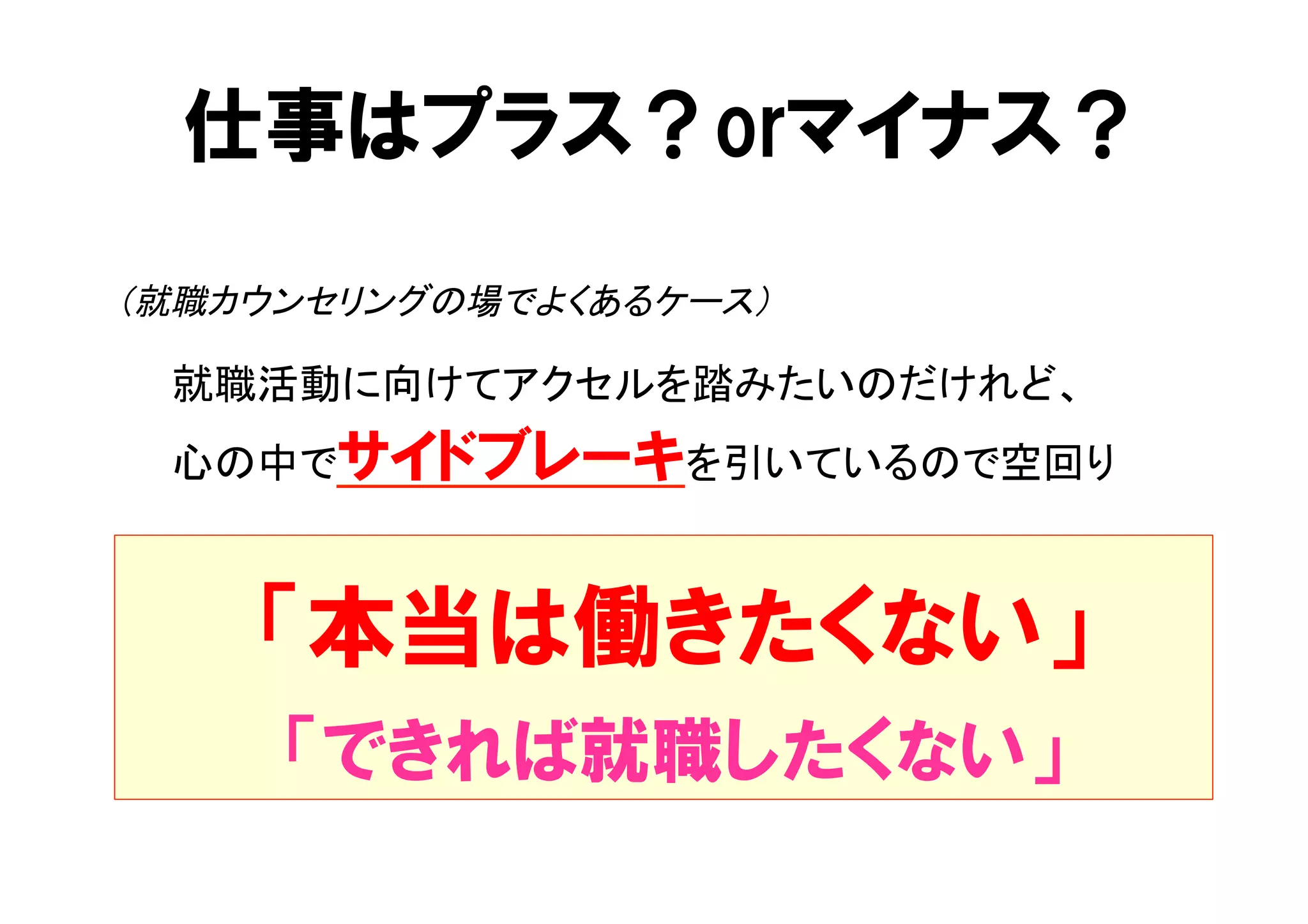 仕事はプラス？orマイナス？ 
（就職カウンセリングの場でよくあるケース） 
　　就職活動に向けてアクセルを踏みたいのだけれど、 
　　心の中でサイドブレーキを引いているので空回り 
「本当は働きたくない」 
「できれば就職したくない」 
 
