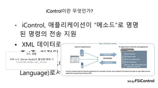 iControl이란 무엇인가? 
• iControl, 애플리케이션이 “메소드”로 명명 
된 명령의 전송 지원 
• XML 데이터로서 SOAP를 통해 메소드 호 
출 (즉, 지정된 명령) 
• 메소드는 WS이(Web Services Description 
Language)로서 설명됨 
bit.ly/F5iControl 
코드 샘플: 
서버 노드 (Server Node)의 활성화/해제 시 
LocalLB.Node.set_state 
 