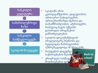 • სკოლაში არის 
კეთილგანწყობის, დაცულობის, 
ურთიერთ-პატივისცემის, 
ურთიერთმხარდა-ჭერისა და 
თანამშრომლობის ატმოსფერო, 
რომელიც ხელს უწყობს 
დასახული ამოცანების 
განხორციელებას 
• სკოლის დოკუმენტაციის 
სრულყოფაზე მუშაობა და 
პედაგოგთა ჩართულობის 
უზრუნველყოფა ამ პროცესში 
• ბიუჯეტის დაგეგმვა 
საჭიროებების შესაბამისად 
• ეროვნული სასწავლო გეგმის 
მოთხოვნების დანერგვა 
Back to 
school 
 