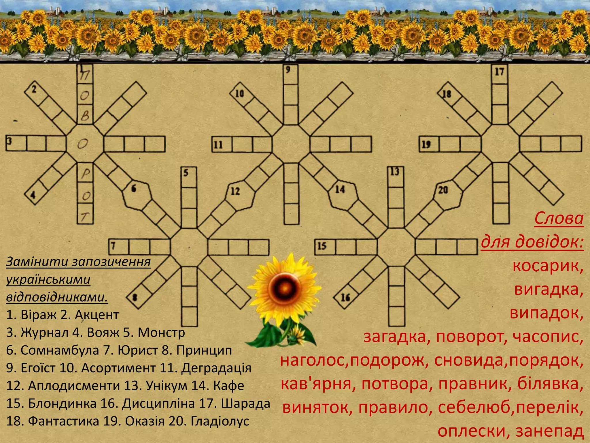 Замінити запозичення 
українськими 
відповідниками. 
1. Віраж 2. Акцент 
3. Журнал 4. Вояж 5. Монстр 
6. Сомнамбула 7. Юрист 8. Принцип 
9. Егоїст 10. Асортимент 11. Деградація 
12. Аплодисменти 13. Унікум 14. Кафе 
15. Блондинка 16. Дисципліна 17. Шарада 
18. Фантастика 19. Оказія 20. Гладіолус 
Слова 
для довідок: 
косарик, 
вигадка, 
випадок, 
загадка, поворот, часопис, 
наголос,подорож, сновида,порядок, 
кав'ярня, потвора, правник, білявка, 
виняток, правило, себелюб,перелік, 
оплески, занепад 
 