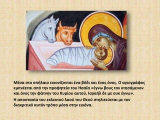 Μέσα στο σπήλαιο εικονίζονται ένα βόδι και ένας όνος. Ο αγιογράφος 
εμπνέεται από την προφητεία του Ησαΐα «έγνω βους τον κτησάμενον 
και όνος την φάτνην του Κυρίου αυτού. Ισραήλ δε με ουκ έγνω». 
Η αποστασία του εκλεκτού λαού του Θεού στηλιτεύεται με τον 
διακριτικό αυτόν τρόπο μέσα στην εικόνα. 
 