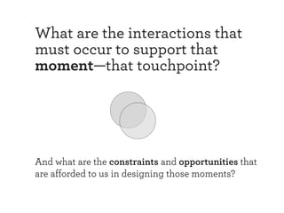 What are the interactions that 
must occur to support that 
moment—that touchpoint? 
And what are the constraints and opportunities that 
are afforded to us in designing those moments? 
 