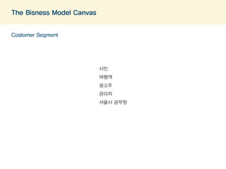 The Bisness Model Canvas 
Costomer Segment 
시민 
여행객 
광고주 
관리자 
섵Ӛ시 공무원 
 