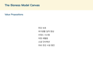 The Bisness Model Canvas 
Value Propositions 
한강 보호 
여가생활 질적 향상 
리워드 시스템 
자원 재활용 
소셜 인터랙션 
유료 한강 시설 할인 
 