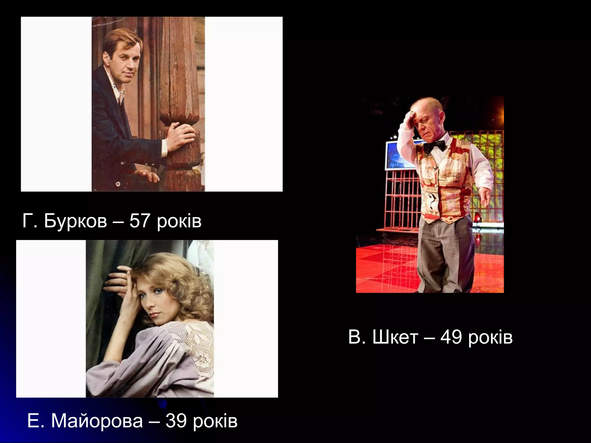 Г. Бурков – 57 років 
Е. Майорова – 39 років 
В. Шкет – 49 років 
 