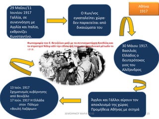 29 Μαΐου/11 
Ιουνίου 1917 
Γαλλία, σε 
συνεννόηση με 
Αγγλία και Ιταλία, 
εκθρονίζει 
Κωνσταντίνο. 
Ο Κων/νος 
εγκαταλείπει χώρα· 
δεν παραιτείται από 
δικαιώματα του 
30 Μάιου 1917. 
Βασιλιάς 
Ελλάδος ο 
δευτερότοκος 
γιος του 
Αλέξανδρος 
Φωτογραφία του Ε. Βενιζέλου μαζί με το συνταγματάρχη Κονδύλη και 
το στρατηγό Νίδερ από την επίσκεψή τους στο μακεδονικό μέτωπο το 
1918. 
Άγγλοι και Γάλλοι αίρουν τον 
αποκλεισμό της χώρας 
Προμήθεια Αθήνας με σιτηρά 
13 Ιούν. 1917 
Σχηματισμός κυβέρνησης 
από Βενιζέλο 
17 Ιούν. 1917 Η Ελλάδα 
στον Πόλεμο 
«Βουλή Λαζάρων» 
Αθήνα 
1917 
ΔΕΜΟΙΡΑΚΟΥ ΜΑΡΙΑ ΠΕ 02 23 
 