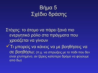 ΒΒήήμμαα 55 
ΣΣχχέέδδιιοο δδρράάσσηηςς 
ΣΣττόόχχοοςς:: ττοο άάττοομμοο νναα ππάάρρεειι ξξααννάά ππιιοο 
εεννεερργγηηττιικκόό ρρόόλλοο σστταα ππρράάγγμμαατταα πποουυ 
χχρρεειιάάζζεεττααιι νναα γγίίννοουυνν 
ΤΤιι μμπποορρεείίςς νναα κκάάννεειιςς νναα μμεε ββοοηηθθήήσσεειιςς νναα 
σσεε ββοοηηθθήήσσωω;; ((ππ..χχ.. νναα σσππρρώώξξεειιςς μμεε ττοο ππόόδδιι πποουυ δδεενν 
εείίννααιι χχττυυππηημμέέννοο,, αανν ξξέέρρεειιςς κκααλλύύττεερροο δδρρόόμμοο νναα φφύύγγοουυμμεε 
ααππόό δδωω)) 
 