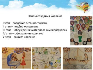 Этапы создания коллажа 
I этап – создание ассоциограммы 
II этап – подбор материала 
III этап – обсуждение материала в микрогруппах 
IV этап – оформление коллажа 
V этап – защита коллажа 
 