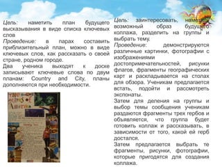 Цель: наметить план будущего 
высказывания в виде списка ключевых 
слов 
Проведение: в парах составить 
приблизительный план, можно в виде 
ключевых слов, как рассказать о своей 
стране, родном городе. 
Два ученика выходят к доске 
записывают ключевые слова по двум 
планам: Country and City, планы 
дополняются при необходимости. 
Цель: заинтересовать, наметить 
возможный образ будущего 
коллажа, разделить на группы и 
выбрать тему. 
Проведение: демонстрируются 
различные картинки, фотографии с 
изображениями 
достопримечательностей, рисунки 
флагов, фрагменты географических 
карт и раскладывается на столах 
для обзора. Ученикам предлагается 
встать, подойти и рассмотреть 
экспонаты. 
Затем для деления на группы и 
выбор темы сообщения ученикам 
раздаются фрагменты трех гербов и 
объявляется, что группа будет 
готовить коллаж и рассказывать, в 
зависимости от того, какой ей герб 
достался. 
Затем предлагается выбрать те 
фрагменты, рисунки, фотографии, 
которые пригодятся для создания 
коллажа. 
 