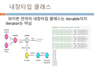 사용자 정의 클래스 : iter/next
SentenceIterator 클래스를 sequence 구조로 정
의 __iter__ /__next__ 존재
24
 