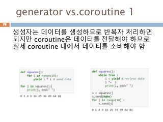 generator vs.coroutine 1
생성자는 데이터를 생성하므로 반복자 처리하면
되지만 coroutine은 데이터를 전달해야 하므로
실세 coroutine 내에서 데이터를 소비해야 함
79
 