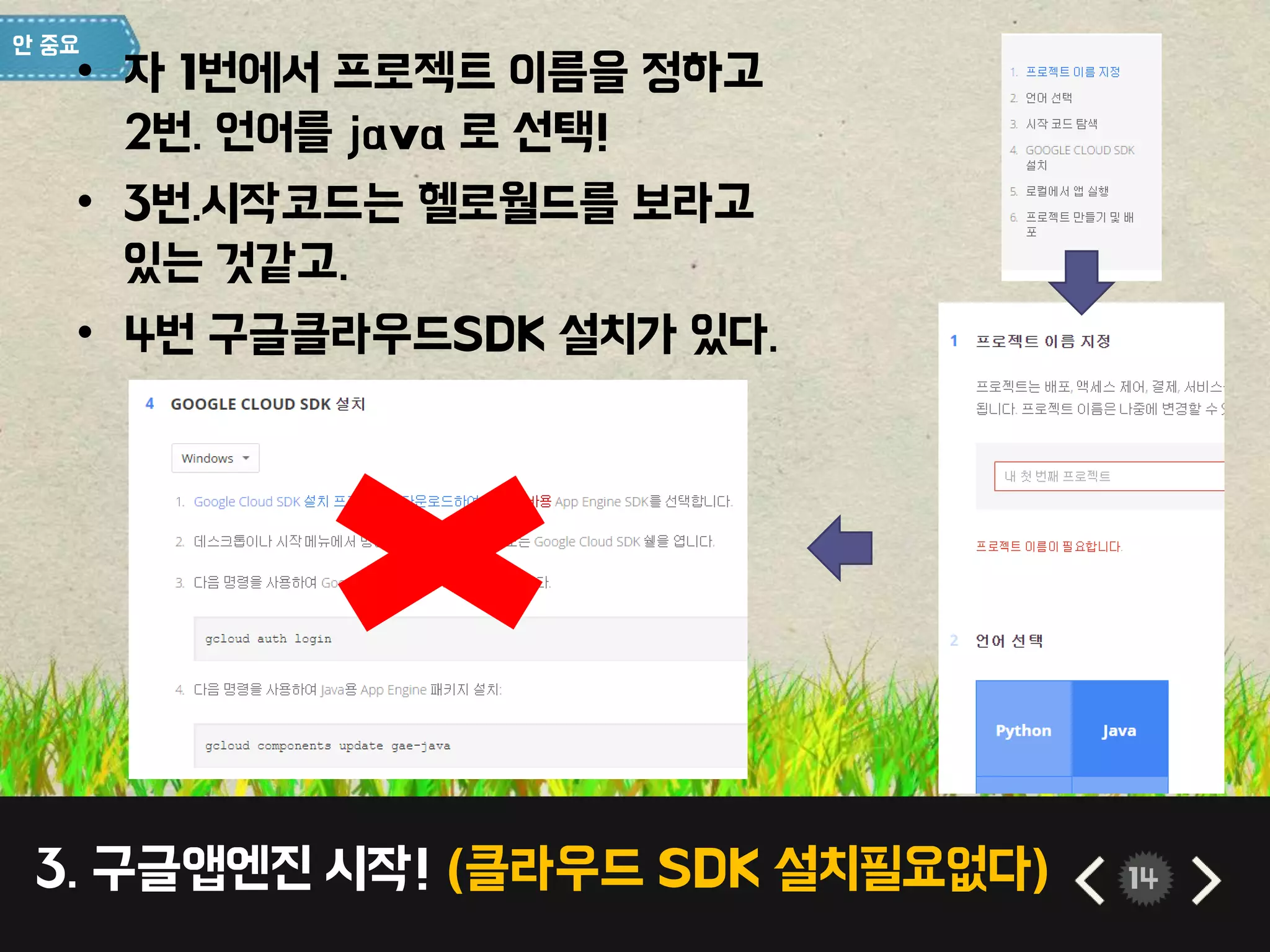3. 구글앱엔진 시작! (클라우드 SDK 설치필요없다) 14
• 자 1번에서 프로젝트 이름을 정하고
2번. 언어를 java 로 선택!
• 3번.시작코드는 헬로월드를 보라고
있는 것같고.
• 4번 구글클라우드SDK 설치가 있다.
 
