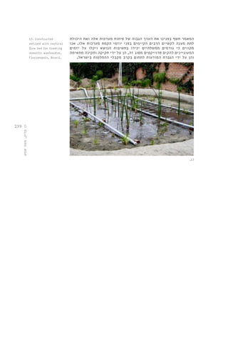 239 
.13 
13. Constructed 
wetland with vertical 
flow bed for treating 
domestic wastewater, 
Florianopols, Brazil. 
המאמר חשף בפנינו את הערך הגבוה של פיתוח מערכות אלה ואת היכולת 
לתת מענה לקשיים הרבים הקיימים בפני יוזמי הקמת מערכות אלו. אנו 
מקווים כי גורמים ממשלתיים יכירו בחשיבות הנושא ויקלו על יזמים 
המעוניינים להקים פרוייקטים מסוג זה, הן על ידי חקיקה ותקינה מתאימה 
והן על ידי הגברת המודעות לתחום בקרב מקבלי ההחלטות בישראל. 
רן קליק, משה שמש 
 