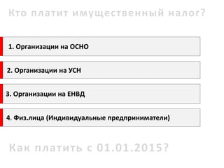 1. Организации на ОСНО 
2. Организации на УСН 
3. Организации на ЕНВД 
Кто платит имущественный налог? 
4. Физ.лица(Индивидуальные предприниматели) 
Как платить с 01.01.2015?  