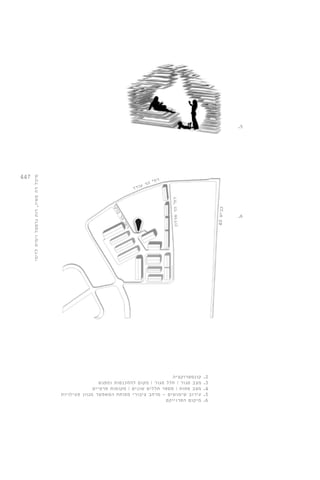 447 
כ ביש 40 
רח' הר ארדון 
רח' הר עודד 
רח' הר בוקר 
2. קונסטרוקציה 
3. מצב סגור | חלל סגור | מקום להתכנסות ומפגש 
4. מצב פתוח | מספר חללים שונים | מקומות פרטיים 
5. עירוב שימושים - מרחב ציבורי מפותח המאפשר מגוון פעילויות 
6. מיקום הפרוייקט 
.5 
.6 
מיכל דה מאיו, רות גרסטל וימית לזימי 
 