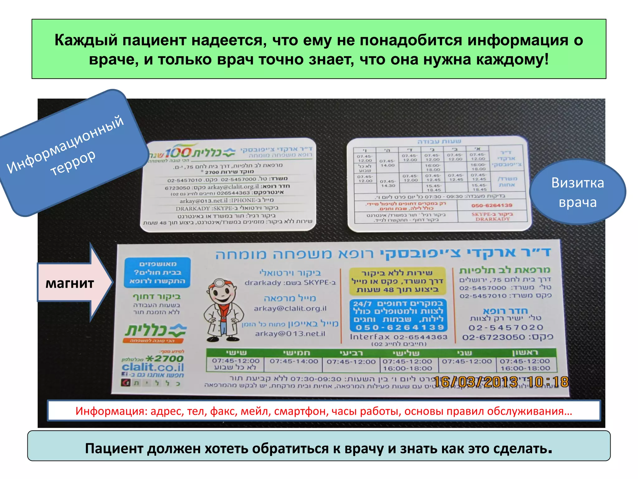 3 
Каждый пациент надеется, что ему не понадобится информация о враче, и только врач точно знает, что она нужна каждому! 
Пациент должен хотеть обратиться к врачу и знать как это сделать. 
магнит 
Визитка 
врача 
Информация: адрес, тел, факс, мейл, смартфон, часы работы, основы правил обслуживания…  