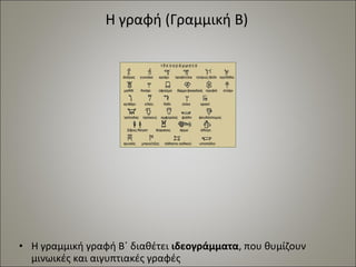 Η γραφή (Γραμμική Β) 
• Η γραμμική γραφή Β΄ διαθέτει ιδεογράμματα, που θυμίζουν 
μινωικές και αιγυπτιακές γραφές 
 