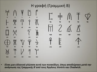 Η γραφή (Γραμμική Β) 
• Είναι μια ελληνική γλώσσα αυτή των πινακίδων, όπως αποδείχτηκε μετά την 
ανάγνωση της Γραμμικής Β΄από τους Άγγλους Ventris και Chadwick. 
 