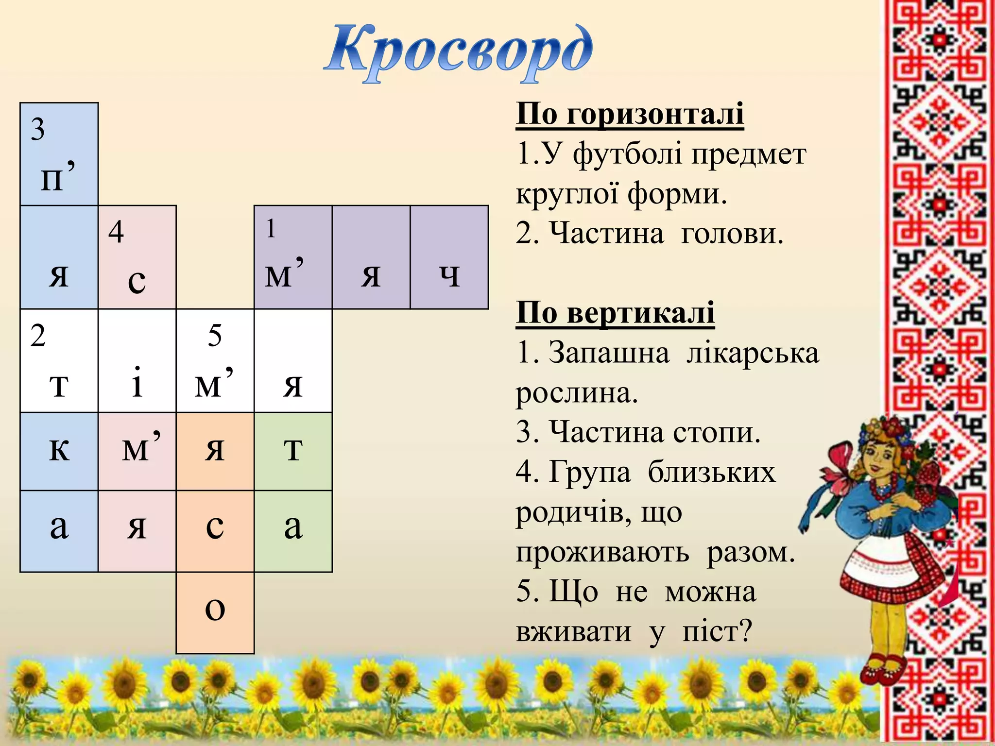 По горизонталі 
1.У футболі предмет 
круглої форми. 
2. Частина голови. 
По вертикалі 
1. Запашна лікарська 
рослина. 
3. Частина стопи. 
4. Група близьких 
родичів, що 
проживають разом. 
5. Що не можна 
вживати у піст? 
3 
п’ 
я 
4 
с 
1 
м’ я ч 
2 
т і 
5 
м’ я 
к м’ я т 
а я с а 
о 
 