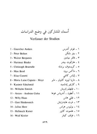Verfasser der Studien 
1 - Guenther Anders 
2 - Peter Beiken 
3 - Walter Benjamin 
4 - Hartmut Binder 
5 - Christoph Braendle 
6 - Max Brod 
7 - Elias Canetti 
8 - Maria Luise Caputo - Mayr 
9 - Kasimir Edschmid 
10 - Wilhelm Emrich 
11 - Anton - Andreas Guha 
12 - Willy Haas 
13 - Gert Heidenreich 
14 - Julius Herz 
15 - Hellmuth Kaiser 
16 - Wolf Kittler 
 