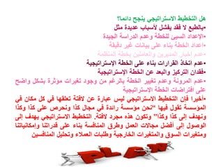 هل التخطيط الاستراتيجي ينجح دائما؟ 
•بالطبع لا فقد يفشل لأسباب عديدة مثل 
•الإعداد السيئ للخطة وعدم الدراسة الجيدة 
•اعداد الخطة بناء على بيانات غير دقيقة 
•عدم إخبار المديرين والعاملين بخطة المنظمة 
•عدم اتخاذ القرارات بناء على الخطة الإستراتيجية 
•فقدان التركيز والبعد عن الخطة الإستراتيجية 
•عدم المرونة وعدم تغيير الخطة بالرغم من وجود تغيرات مؤثرة بشكل واضح 
على افتراضات الخطة الإستراتيجية 
•أخيرا فإن التخطيط الاستراتيجي ليس عبارة عن لافتة تعلقها في كل مكان في 
المؤسسة تقول فيها “نحن مؤسسة رائدة في مجال كذا ونحرص على كذا وكذا 
ونهدف إلى كذا وكذا” وتكون هذه مجرد لافتة. التخطيط الاستراتيجي يهدف إلى 
الوصول إلى أفضل مجالات العمل وطرق المنافسة بناء على قدراتنا وإمكانياتنا 
ومتغيرات السوق والمتغيرات الخارجية وطلبات العملاء وتحليل المنافسين 
 