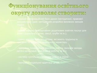 - єдиний інформаційний банк даних (методичної, правової 
документації; ідей; методичних розробок виховних заходів 
тощо); 
- єдину мережу безкоштовних додаткових освітніх послуг для 
дітей і дорослих (гуртки, секції, клуби та ін.); 
- єдину мережу роботи з дітьми, які мають труднощі в 
навчанні та труднощі соціального характеру; 
- програми позашкільної виховної роботи (виховні заходи, 
дитячі організації, краєзнавча робота та ін.); 
- систему суспільної підтримки освіти в окрузі; 
- програми соціальної адаптації дітей. 
 