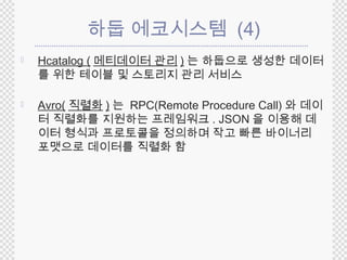 하둡 에코시스템 (4) 
 Hcatalog ( 메티데이터 관리) 는 하둡으로 생성한 데이터 
를 위한 테이블 및 스토리지 관리 서비스 
 Avro(직렬화) 는 RPC(Remote Procedure Call) 와 데이 
터 직렬화를 지원하는 프레임워크. JSON 을 이용해 데 
이터 형식과 프로토콜을 정의하며 작고 빠른 바이너리 
포맷으로 데이터를 직렬화 함 
 