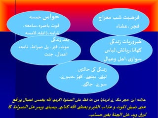 فسضیت شب معساج 
فجس ،عشاء 
حواس خمسہ 
قوث باصسہ،سامعہ، 
شامہ،ذائقہ،لامسہ 
ضسوزیاث شهدگی 
کھاها،زہائش،لباس 
سوازی،اھل وعیال 
شهدگی کی حالتیں 
لیٹنے، بیٹھنے، کھڑ ےہو هے، 
سو هے، جاگنے۔ 
بعد شهدگی 
موث، قبر، پل صساط، هامہء 
اعمال، جنت 
علامہ ابن حجس مک هے فسمایا من حا فظ علی الصلوة اکسمھ اللہ بخمس خصال یس فع 
عنھ ضیق الموث و عراب القبر و یعطھ اللہ کتابھ بیمینھ ویمس عل الصساط کا 
لبرق وید خل الجنت بغیر حساب۔ 
 