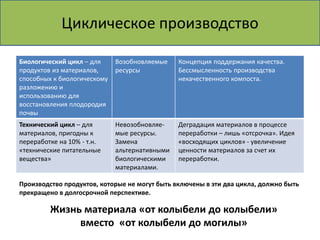 Циклическое производство 
Биологический цикл – для 
продуктов из материалов, 
способных к биологическому 
разложению и 
использованию для 
восстановления плодородия 
почвы 
Возобновляемые 
ресурсы 
Концепция поддержания качества. 
Бессмысленность производства 
некачественного компоста. 
Технический цикл – для 
материалов, пригодны к 
переработке на 10% - т.н. 
«технические питательные 
вещества» 
Невозобновляе- 
мые ресурсы. 
Замена 
альтернативными 
биологическими 
материалами. 
Деградация материалов в процессе 
переработки – лишь «отсрочка». Идея 
«восходящих циклов» - увеличение 
ценности материалов за счет их 
переработки. 
Производство продуктов, которые не могут быть включены в эти два цикла, должно быть 
прекращено в долгосрочной перспективе. 
Жизнь материала «от колыбели до колыбели» 
вместо «от колыбели до могилы» 
 