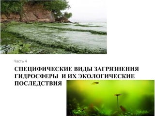 Часть 4 
СПЕЦИФИЧЕСКИЕ ВИДЫ ЗАГРЯЗНЕНИЯ 
ГИДРОСФЕРЫ И ИХ ЭКОЛОГИЧЕСКИЕ 
ПОСЛЕДСТВИЯ 
 
