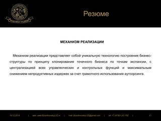 Резюме 
МЕХАНИЗМ РЕАЛИЗАЦИИ 
Механизм реализации представляет собой уникальную технологию построения бизнес- 
структуры по принципу клонирования точечного бизнеса по точкам экспансии, с 
централизацией всех управленческих и контрольных функций и максимальным 
снижением непродуктивных издержек за счет грамотного использования аутсорсинга. 
16.12.2014 | web: www.ButurlinovskyLVZ.ru | mail: ButurlinovskyLVZ@gmail.com | tel: +7 (47361) 47-702 | 11 
 
