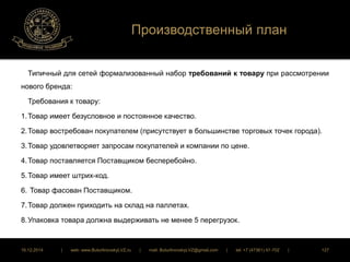 Производственный план 
Типичный для сетей формализованный набор требований к товару при рассмотрении 
нового бренда: 
Требования к товару: 
1. Товар имеет безусловное и постоянное качество. 
2. Товар востребован покупателем (присутствует в большинстве торговых точек города). 
3. Товар удовлетворяет запросам покупателей и компании по цене. 
4. Товар поставляется Поставщиком бесперебойно. 
5. Товар имеет штрих-код. 
6. Товар фасован Поставщиком. 
7. Товар должен приходить на склад на паллетах. 
8. Упаковка товара должна выдерживать не менее 5 перегрузок. 
16.12.2014 | web: www.ButurlinovskyLVZ.ru | mail: ButurlinovskyLVZ@gmail.com | tel: +7 (47361) 47-702 | 127 
 
