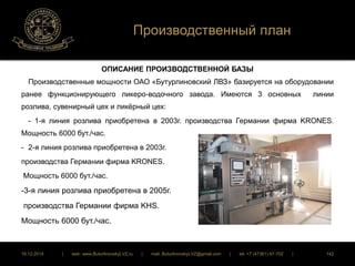 Производственный план 
ОПИСАНИЕ ПРОИЗВОДСТВЕННОЙ БАЗЫ 
Производственные мощности ОАО «Бутурлиновский ЛВЗ» базируется на оборудовании 
ранее функционирующего ликеро-водочного завода. Имеются 3 основных линии 
розлива, сувенирный цех и ликёрный цех: 
- 1-я линия розлива приобретена в 2003г. производства Германии фирма KRONES. 
Мощность 6000 бут./час. 
- 2-я линия розлива приобретена в 2003г. 
производства Германии фирма KRONES. 
Мощность 6000 бут./час. 
-3-я линия розлива приобретена в 2005г. 
производства Германии фирма KHS. 
Мощность 6000 бут./час. 
16.12.2014 | web: www.ButurlinovskyLVZ.ru | mail: ButurlinovskyLVZ@gmail.com | tel: +7 (47361) 47-702 | 142 
 