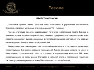 Резюме 
ПРОЕКТНЫЕ РИСКИ 
Участники проекта имеют большой опыт построения и управления аналогичным 
бизнесом, обладают успешным опытом создания ТМ - лидеров. 
Так как структура проекта подразумевает точечную инсталляцию такого бизнеса в 
значимых точках проектного присутствия, то можно с уверенностью говорить о том, что в 
проекте не возникнет рисков, связанных с отсутствием навыков построения или ведения 
проектируемого бизнеса в местах экспансии ТМ. 
Менеджмент участников проекта не только обладает опытом построения и управления 
проектируемым бизнесом в формате полноценной бизнес-единицы проекта, но имеет и 
безусловный положительный опыт в создании и наращивании капитала ТМ, имея 
превалирование на своем рынке благодаря в немалой степени построению грамотной 
системы управления региональными ТМ и лояльностью потребителей. 
16.12.2014 | web: www.ButurlinovskyLVZ.ru | mail: ButurlinovskyLVZ@gmail.com | tel: +7 (47361) 47-702 | 15 
 