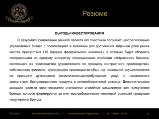Резюме 
ВЫГОДЫ ИНВЕСТИРОВАНИЯ 
В результате реализации данного проекта его Участники получают централизованно 
управляемый бизнес с локализацией в значимых для достижения заданной доли рынка 
местах присутствия (12 городов федерального значения), в которых будут обладать 
построенными по единому алгоритму полноценными ячейками отстроенного бизнеса, 
состоящего из производства (управляемого по принципу контрактного производства), 
собственного филиала, курирующего производство-сбыт, где последний осуществляется 
по принципу аутсорсинга логистически-дистрибуторских услуг, и налаженного 
присутствия брендированного продукта в сетевой/несетевой рознице. Дополнительным 
доходом проекта гарантированно становится стихийное расширение зон присутствия 
бренда, которое формируется за счет востребованности несетевой розницей продукции 
популярного Бренда. 
16.12.2014 | web: www.ButurlinovskyLVZ.ru | mail: ButurlinovskyLVZ@gmail.com | tel: +7 (47361) 47-702 | 18 
 