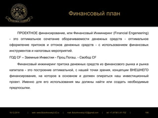 Финансовый план 
ПРОЕКТНОЕ финансирование, или Финансовый Инжиниринг (Financial Engeneering) 
- это оптимальное сочетание оборачиваемости денежных средств - оптимальное 
оформление притоков и оттоков денежных средств - с использованием финансовых 
инструментов и налоговых мероприятий. 
ГОД СF – Заемные Инвестии - Проц.Погаш. - Свобод СF 
Финансовый инжиниринг притока денежных средств из финансового рынка и рынка 
капитала - это построение оптимальной, с нашей точки зрения, концепции ВНЕШНЕГО 
финансирования, на которое в основном и должен опираться наш инвестиционный 
проект. Именно для его использования мы должны найти или создать необходимые 
предпосылки. 
16.12.2014 | web: www.ButurlinovskyLVZ.ru | mail: ButurlinovskyLVZ@gmail.com | tel: +7 (47361) 47-702 | 188 
 