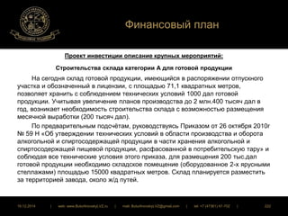 Финансовый план 
Проект инвестиции описание крупных мероприятий: 
Строительства склада категории А для готовой продукции 
На сегодня склад готовой продукции, имеющийся в распоряжении отпускного 
участка и обозначенный в лицензии, с площадью 71,1 квадратных метров, 
позволяет хранить с соблюдением технических условий 1000 дал готовой 
продукции. Учитывая увеличение планов производства до 2 млн.400 тысяч дал в 
год, возникает необходимость строительства склада с возможностью размещения 
месячной выработки (200 тысяч дал). 
По предварительным подсчётам, руководствуясь Приказом от 26 октября 2010г 
№ 59 Н «Об утверждении технических условий в области производства и оборота 
алкогольной и спиртосодержащей продукции в части хранения алкогольной и 
спиртосодержащей пищевой продукции, расфасованной в потребительскую тару» и 
соблюдая все технические условия этого приказа, для размещения 200 тыс.дал 
готовой продукции необходимо складское помещение (оборудованное 2-х ярусными 
стеллажами) площадью 15000 квадратных метров. Склад планируется разместить 
за территорией завода, около ж/д путей. 
16.12.2014 | web: www.ButurlinovskyLVZ.ru | mail: ButurlinovskyLVZ@gmail.com | tel: +7 (47361) 47-702 | 222 
 