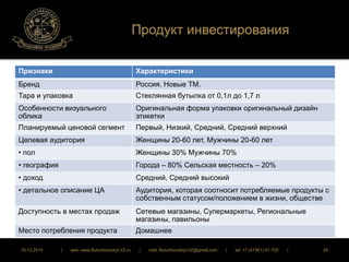 Продукт инвестирования 
Признаки Характеристики 
Бренд Россия. Новые ТМ. 
Тара и упаковка Стеклянная бутылка от 0,1л до 1,7 л 
Особенности визуального 
облика 
Оригинальная форма упаковки оригинальный дизайн 
этикетки 
Планируемый ценовой сегмент Первый, Низкий, Средний, Средний верхний 
Целевая аудитория Женщины 20-60 лет, Мужчины 20-60 лет 
• пол Женщины 30% Мужчины 70% 
• география Города – 80% Сельская местность – 20% 
• доход Средний, Средний высокий 
• детальное описание ЦА Аудитория, которая соотносит потребляемые продукты с 
собственным статусом/положением в жизни, обществе 
Доступность в местах продаж Сетевые магазины, Супермаркеты, Региональные 
магазины, павильоны 
Место потребления продукта Домашнее 
16.12.2014 | web: www.ButurlinovskyLVZ.ru | mail: ButurlinovskyLVZ@gmail.com | tel: +7 (47361) 47-702 | 24 
 