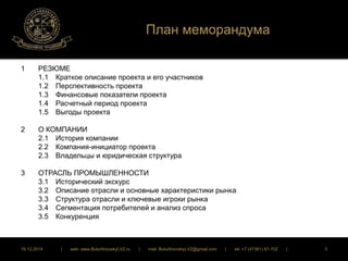 План меморандума 
1 РЕЗЮМЕ 
1.1 Краткое описание проекта и его участников 
1.2 Перспективность проекта 
1.3 Финансовые показатели проекта 
1.4 Расчетный период проекта 
1.5 Выгоды проекта 
2 О КОМПАНИИ 
2.1 История компании 
2.2 Компания-инициатор проекта 
2.3 Владельцы и юридическая структура 
3 ОТРАСЛЬ ПРОМЫШЛЕННОСТИ 
3.1 Исторический экскурс 
3.2 Описание отрасли и основные характеристики рынка 
3.3 Структура отрасли и ключевые игроки рынка 
3.4 Сегментация потребителей и анализ спроса 
3.5 Конкуренция 
16.12.2014 | web: www.ButurlinovskyLVZ.ru | mail: ButurlinovskyLVZ@gmail.com | tel: +7 (47361) 47-702 | 3 
 