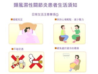 類風濕性關節炎患者生活須知 
日常生活注意事項① 
睡眠充足保持心情輕鬆，減少壓力 
不碰菸酒 
避免處於過冷的環境 
 
