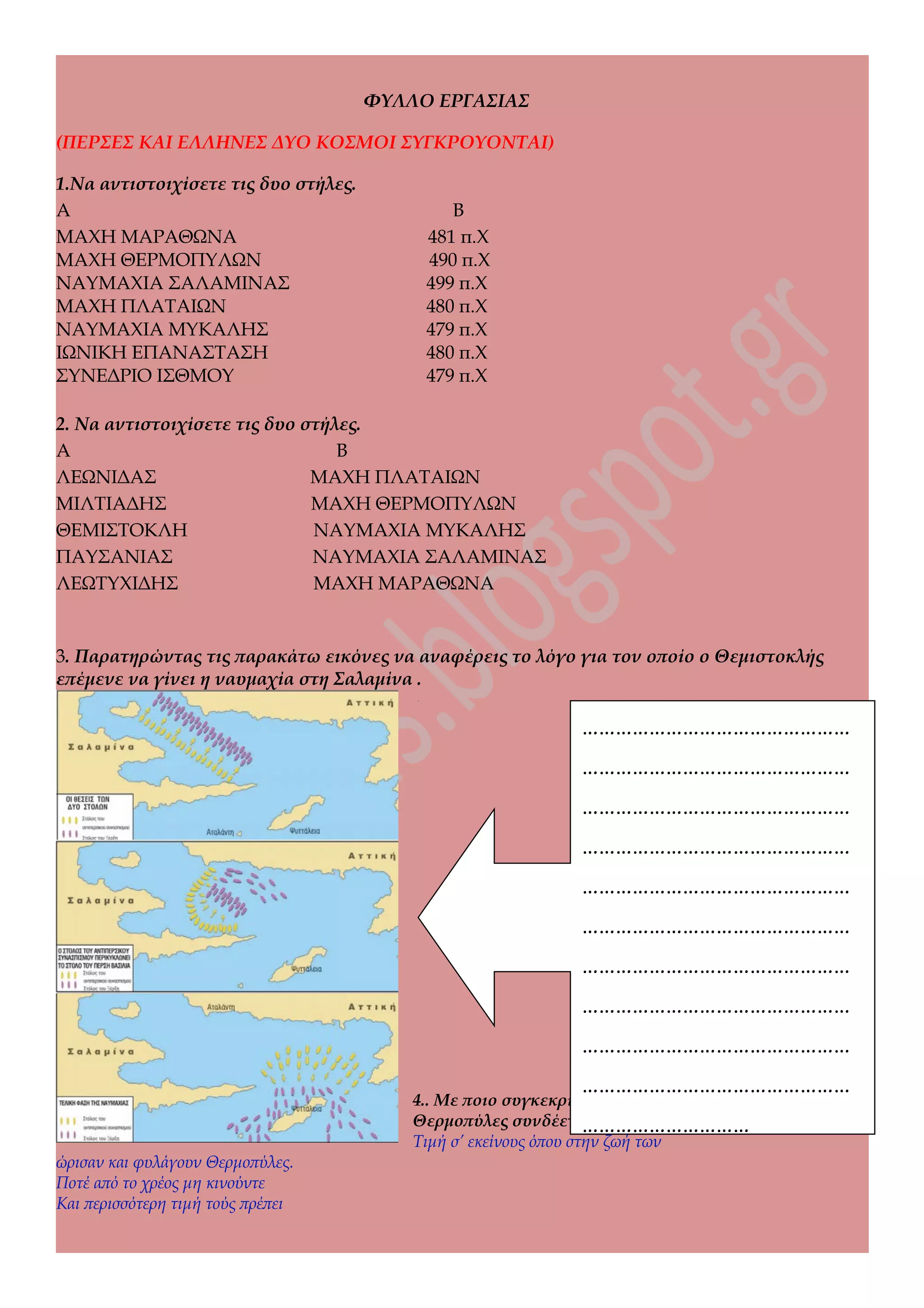 ΦΥΛΛΟ ΕΡΓΑΣΙΑΣ
(ΠΕΡΣΕΣ ΚΑΙ ΕΛΛΗΝΕΣ ΔΥΟ ΚΟΣΜΟΙ ΣΥΓΚΡΟΥΟΝΤΑΙ)
1.Να αντιστοιχίσετε τις δυο στήλες.
Α Β
MAXH ΜΑΡΑΘΩΝΑ 481 π.Χ
ΜΑΧΗ ΘΕΡΜΟΠΥΛΩΝ 490 π.Χ
ΝΑΥΜΑΧΙΑ ΣΑΛΑΜΙΝΑΣ 499 π.Χ
ΜΑΧΗ ΠΛΑΤΑΙΩΝ 480 π.Χ
ΝΑΥΜΑΧΙΑ ΜΥΚΑΛΗΣ 479 π.Χ
ΙΩΝΙΚΗ ΕΠΑΝΑΣΤΑΣΗ 480 π.Χ
ΣΥΝΕΔΡΙΟ ΙΣΘΜΟΥ 479 π.Χ
2. Να αντιστοιχίσετε τις δυο στήλες.
Α Β
ΛΕΩΝΙΔΑΣ ΜΑΧΗ ΠΛΑΤΑΙΩΝ
ΜΙΛΤΙΑΔΗΣ ΜΑΧΗ ΘΕΡΜΟΠΥΛΩΝ
ΘΕΜΙΣΤΟΚΛΗ ΝΑΥΜΑΧΙΑ ΜΥΚΑΛΗΣ
ΠΑΥΣΑΝΙΑΣ ΝΑΥΜΑΧΙΑ ΣΑΛΑΜΙΝΑΣ
ΛΕΩΤΥΧΙΔΗΣ MAXH ΜΑΡΑΘΩΝΑ
3. Παρατηρώντας τις παρακάτω εικόνες να αναφέρεις το λόγο για τον οποίο ο Θεμιστοκλής
επέμενε να γίνει η ναυμαχία στη Σαλαμίνα .
4.. Με ποιο συγκεκριμένο γεγονός της μάχης στις
Θερμοπύλες συνδέεται το ποίημα του Κ.Καβάφη;
Τιμή σ’ εκείνους όπου στην ζωή των
ώρισαν και φυλάγουν Θερμοπύλες.
Ποτέ από το χρέος μη κινούντε
Και περισσότερη τιμή τούς πρέπει
…………………………………………
…………………………………………
…………………………………………
…………………………………………
…………………………………………
…………………………………………
…………………………………………
…………………………………………
…………………………………………
…………………………………………
…………………………
 