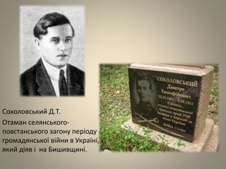 Соколовський Д.Т.
Отаман селянського-
повстанського загону періоду
громадянської війни в Україні,
який діяв і на Бишивщині.
 