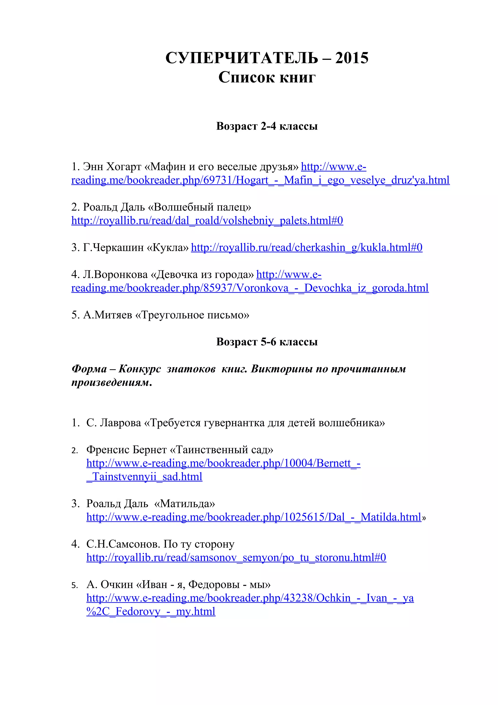 СУПЕРЧИТАТЕЛЬ – 2015
Список книг
Возраст 2-4 классы
1. Энн Хогарт «Мафин и его веселые друзья» http://www.e-
reading.me/bookreader.php/69731/Hogart_-_Mafin_i_ego_veselye_druz'ya.html
2. Роальд Даль «Волшебный палец»
http://royallib.ru/read/dal_roald/volshebniy_palets.html#0
3. Г.Черкашин «Кукла» http://royallib.ru/read/cherkashin_g/kukla.html#0
4. Л.Воронкова «Девочка из города» http://www.e-
reading.me/bookreader.php/85937/Voronkova_-_Devochka_iz_goroda.html
5. А.Митяев «Треугольное письмо»
Возраст 5-6 классы
Форма – Конкурс знатоков книг. Викторины по прочитанным
произведениям.
1. С. Лаврова «Требуется гувернантка для детей волшебника»
2. Френсис Бернет «Таинственный сад»
http://www.e-reading.me/bookreader.php/10004/Bernett_-
_Tainstvennyii_sad.html
3. Роальд Даль «Матильда»
http://www.e-reading.me/bookreader.php/1025615/Dal_-_Matilda.html»
4. С.Н.Самсонов. По ту сторону
http://royallib.ru/read/samsonov_semyon/po_tu_storonu.html#0
5. А. Очкин «Иван - я, Федоровы - мы»
http://www.e-reading.me/bookreader.php/43238/Ochkin_-_Ivan_-_ya
%2C_Fedorovy_-_my.html
 