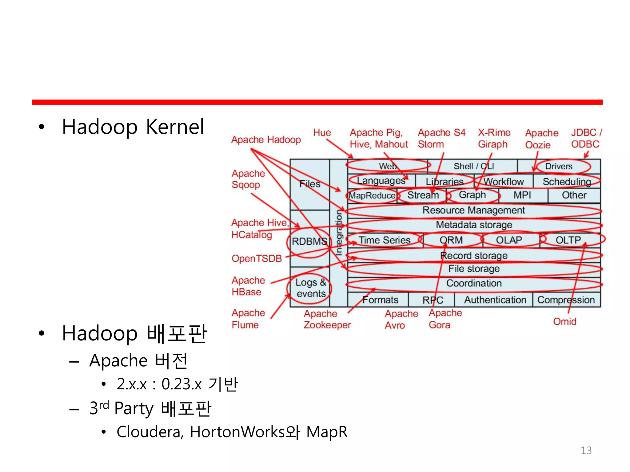 • Hadoop Kernel
• Hadoop 배포판
– Apache 버전
• 2.x.x : 0.23.x 기반
– 3rd Party 배포판
• Cloudera, HortonWorks와 MapR
13
 
