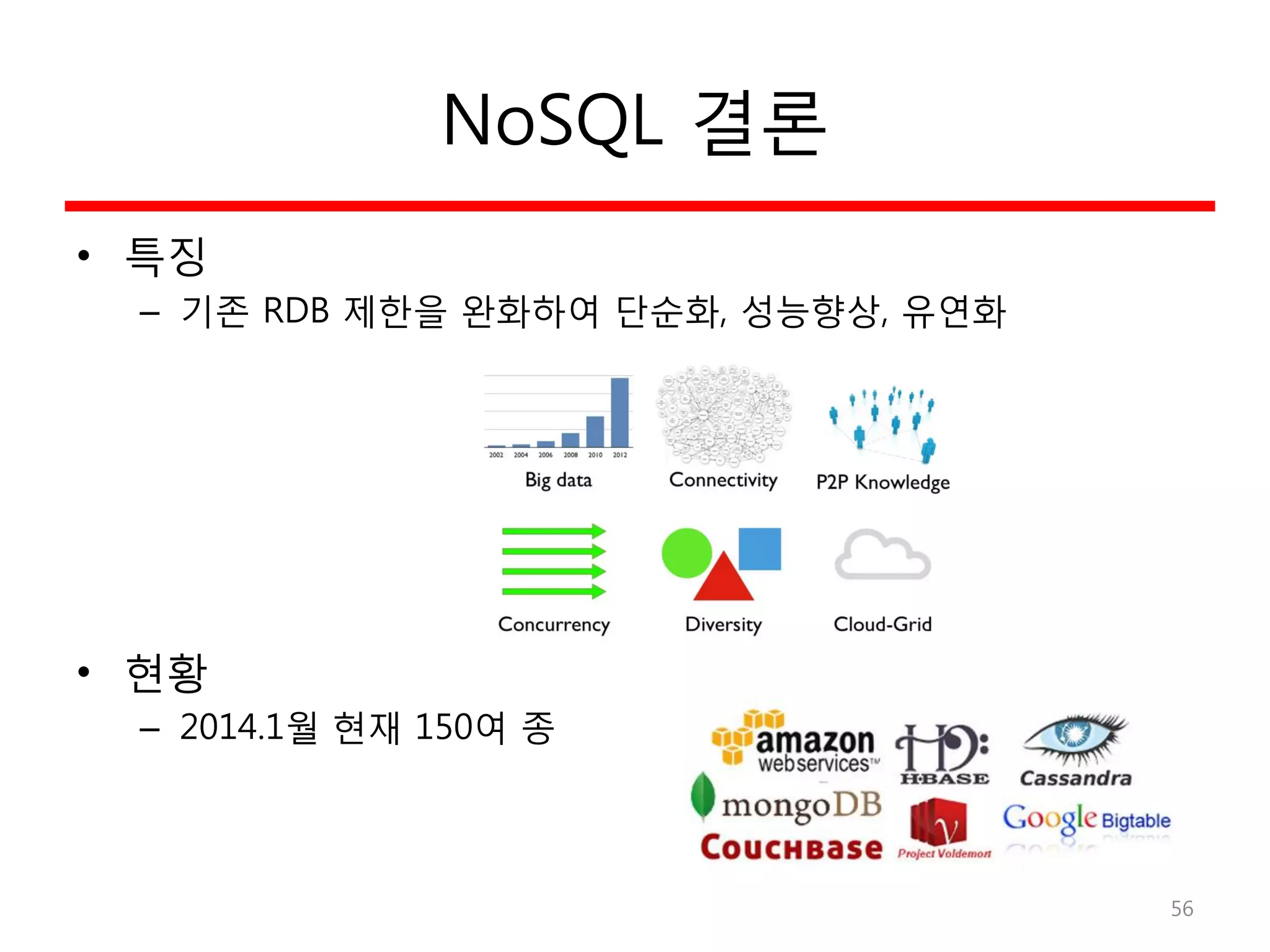 NoSQL 결론
• 특징
– 기존 RDB 제한을 완화하여 단순화, 성능향상, 유연화
• 현황
– 2014.1월 현재 150여 종
56
 